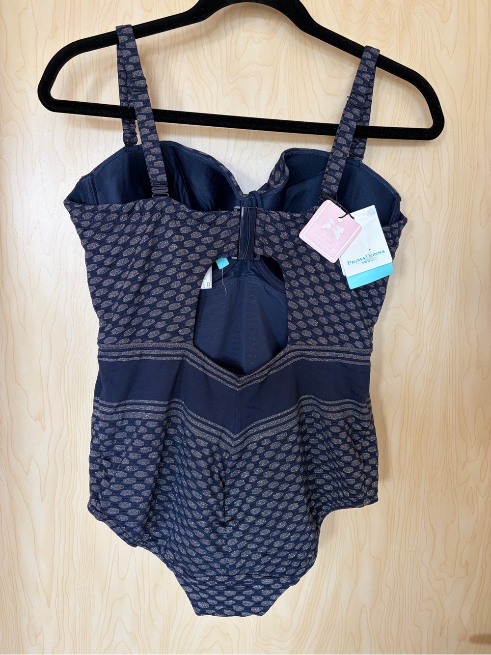 Prima Donna 1 Piece Swimsuit Navy Blue Gold Metallic Cup SZ 38 D, US Size 18 NWT